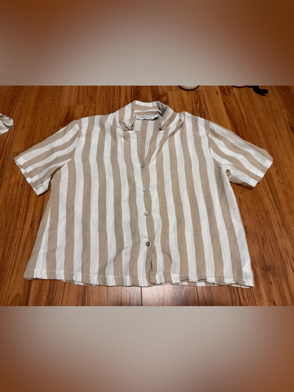 Paraphrase Beige and White Striped Short-Sleeve Button-Down Shirt